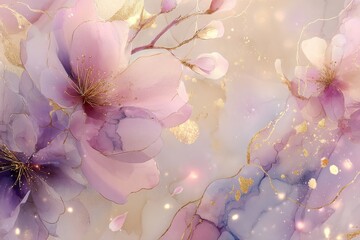 Elegant camellia background in pastel purple and pink tones with gold thread. Dreamy watercolor pattern. Immerse yourself in timeless beauty with the delicate Floral Toile De Jouy Seamless Pattern.