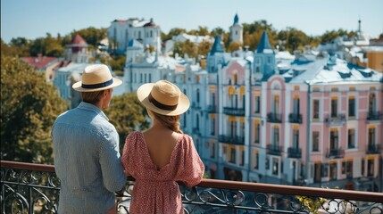 a couple wearing straw hats gazes upon a colorful cityscape from a wrought iron balcony during a sunny day.