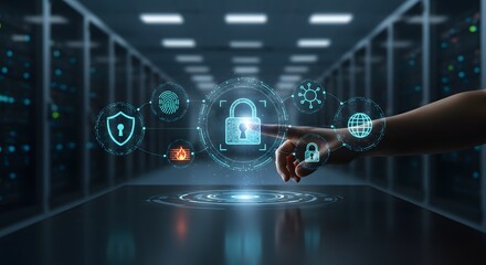 Cybersecurity concept with hand touching digital lock icons in server room network background
