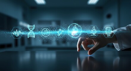 Futuristic medical technology interface with glowing icons, healthcare innovation, and a human touch.