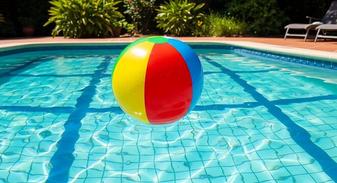 Beach ball floating in a swimming pool with sunlight reflecting on the water - Powered by Adobe