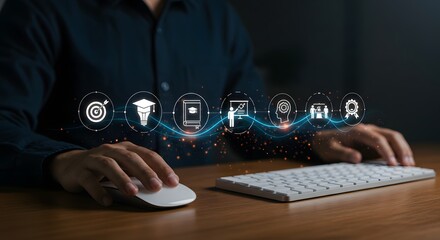 Career path progression with glowing icons representing education, skills, and professional success.