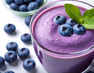 A beautiful glass filled with blueberries and a colorful and delicious blueberry smoothie