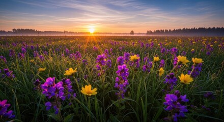 Sunrise over a field of purple and yellow wildflowers at dawn