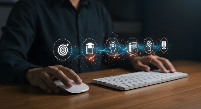 Business strategy and digital transformation concept with icons floating above a workspace.