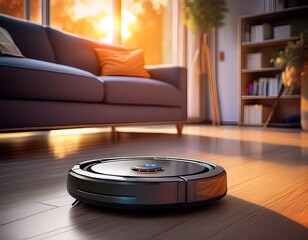 An indoor robot vacuum cleaner in operation
