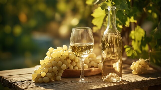 a still life featuring a glass of white wine and bunches of green grapes alongside a bottle on a rustic wooden table bathed in warm sunlight.