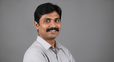 A portrait of a man with dark hair and a mustache wearing a light gray shirt smiling slightly