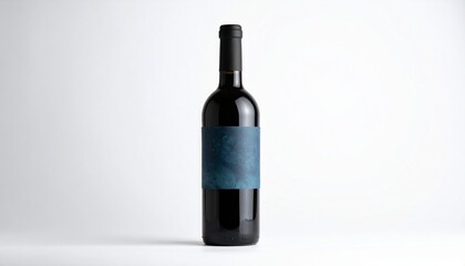 Dark wine bottle with blank blue label and black cap—standing upright on plain white background