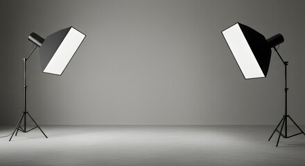 Professional Photography Studio Setup with Softbox Lights and Gray Background