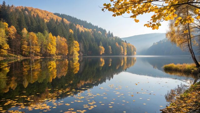 A wide lake with crystal reflections of dense forest trees creating serene peaceful landscape perfect for nature background and travel
