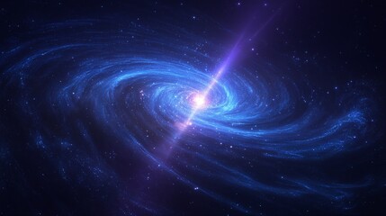 Fototapeta premium a vibrant spiral galaxy radiates with brilliant blue and purple hues, punctuated by a powerful central beam of light extending into the darkness of space.
