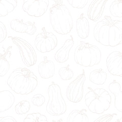 Seamless Pumpkin Pattern Line Art – Hand Drawn Autumn Vegetables, Fall Harvest, Halloween and Thanksgiving Outline Design – Seasonal Fabric, Wrapping, Packaging, transparent background