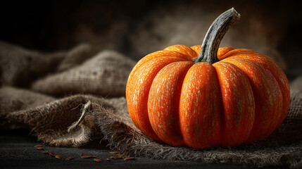 Autumn pumpkin still life on burlap for halloween and thanksgiving day