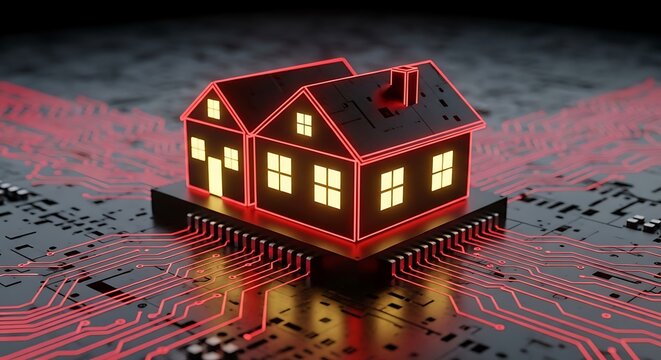 Smart home concept with glowing outline a modern technology illustration for automation and security on a circuit board background
