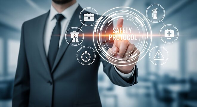 Businessman touching safety protocol interface modern technology concept for risk management and compliance in a corporate setting - Powered by Adobe