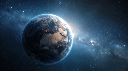 Fototapeta premium a stunning view of earth illuminated by city lights against the backdrop of the milky way galaxy.