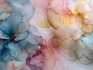 Elegant blossoms painted in a mesmerizing fusion of pastel hues and glistening gold, evoking a sense of ethereal beauty and sophisticated grace