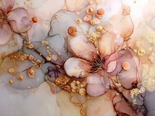 Elegant blossoms painted in a mesmerizing fusion of pastel hues and glistening gold, evoking a sense of ethereal beauty and sophisticated grace