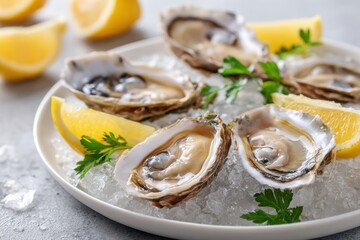 Fresh oysters on ice with lemon and parsley