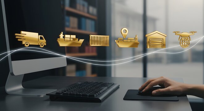 Global logistics network concept with transport icons floating above a modern workspace desktop.