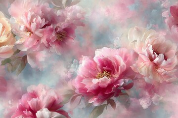 Ethereal camellia background in pastel purple and pink tones with gold thread. Dreamy watercolor pattern. Immerse yourself in timeless beauty with the delicate Floral Toile De Jouy Seamless Pattern.