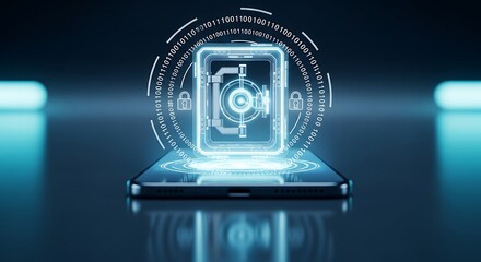 Smartphone security concept with digital lock data protection and encryption technology glowing on a mobile device screen transpar