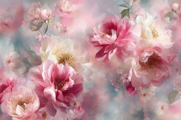 Ethereal camellia background in pastel purple and pink tones with gold thread. Dreamy watercolor pattern. Immerse yourself in timeless beauty with the delicate Floral Toile De Jouy Seamless Pattern.