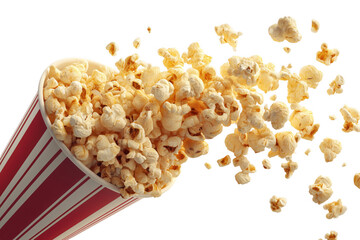 Freshly popped popcorn overflowing from classic red and white striped container on transparent background