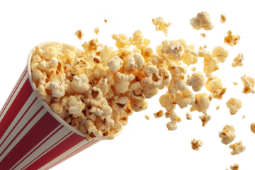 Freshly popped popcorn overflowing from classic red and white striped container on transparent background
