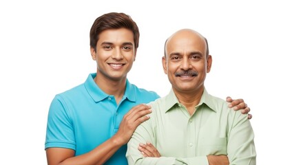 A smiling young man with his hand on his father's shoulder posing against a white background studio shot