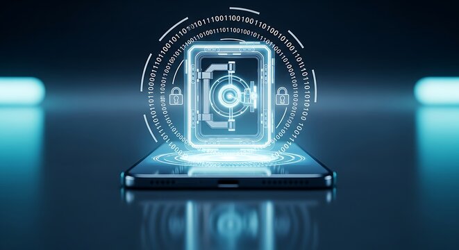 Smartphone security concept with digital lock data protection and encryption technology glowing on a mobile device screen transpar