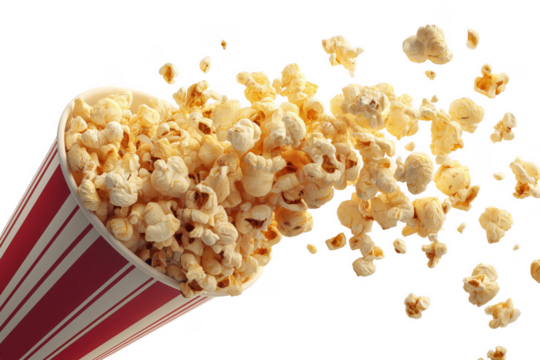 Freshly popped popcorn overflowing from classic red and white striped container on transparent background