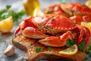 Freshly cooked crab with lemon and garlic