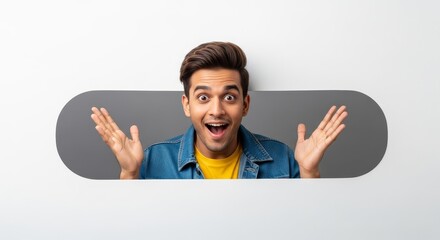 Excited man with open mouth and raised hands in a gray oval cutout against a white background