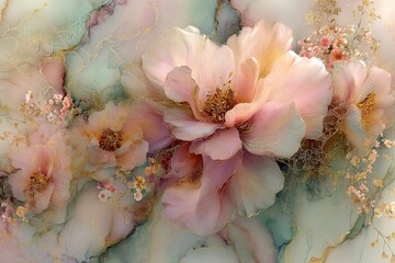 Floral background on elegant marble. Dreamy watercolor pattern. Immerse yourself in timeless beauty with the exquisite Floral Toile De Jouy Seamless Pattern.