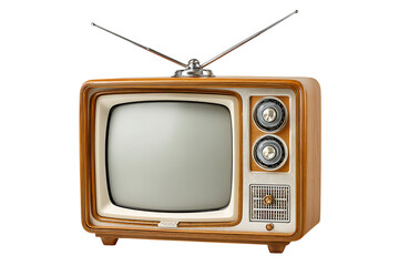 Retro vintage television with antenna glowing screen and brown wood-grain cabinet isolated on black isolated on transparent background