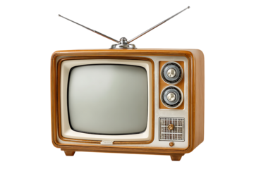 Retro vintage television with antenna glowing screen and brown wood-grain cabinet isolated on black isolated on transparent background