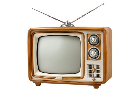 Retro vintage television with antenna glowing screen and brown wood-grain cabinet isolated on black isolated on transparent background