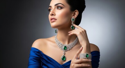 Elegant woman in blue dress wearing emerald and diamond jewelry against a dark background studio shot