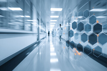 Futuristic medical research concept with doctors in a blurred hospital corridor and a hexagonal data overlay.