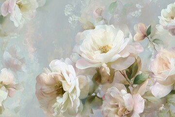 Elegant watercolor white roses background. Dreamy Floral Print. Indulge in timeless elegance with exquisite Floral Toile De Jouy Seamless Pattern. Pastel color, pastel tone