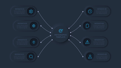 Obraz premium Neumorphic flowchart dark iinfographic. Creative concept for infographic with 8 steps or processes.