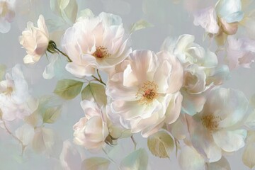 Elegant watercolor white roses background. Dreamy Floral Print. Indulge in timeless elegance with exquisite Floral Toile De Jouy Seamless Pattern. Pastel color, pastel tone