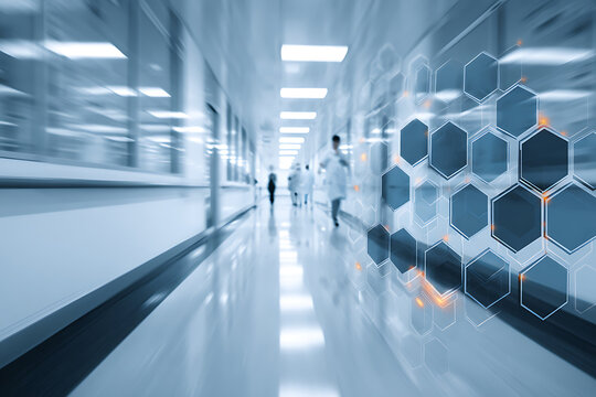 Futuristic medical research concept with doctors in a blurred hospital corridor and a hexagonal data overlay.