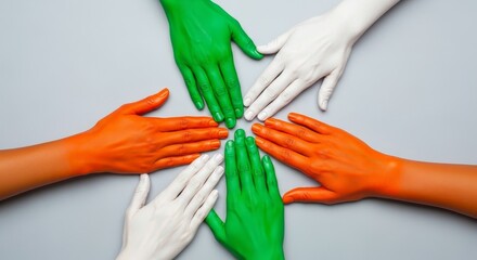 Hands painted in orange green and white forming a circle on a light gray background design concept