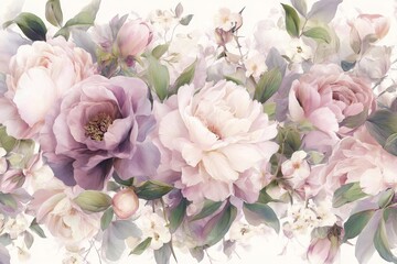 Elegant watercolor violet camellia background. Dreamy Floral Print. Indulge in timeless elegance with exquisite Floral Toile De Jouy Seamless Pattern. Pastel color, pastel tone