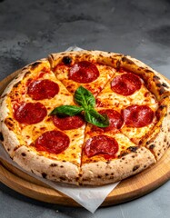 Close-up of pepperoni pizza on wooden board, golden rustic crust, melted mozzarella, crisp pepperoni, basil garnish, parchment paper, dark stone background, soft light.
