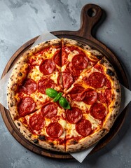Close-up of pepperoni pizza on wooden board, golden rustic crust, melted mozzarella, crisp pepperoni, basil garnish, parchment paper, dark stone background, soft light.