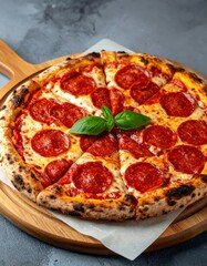 Close-up of pepperoni pizza on wooden board, golden rustic crust, melted mozzarella, crisp pepperoni, basil garnish, parchment paper, dark stone background, soft light.